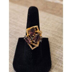 Vintage Purple Marquise  Cut  Cocktail Ring  Rhinestone Accents Statement Piece